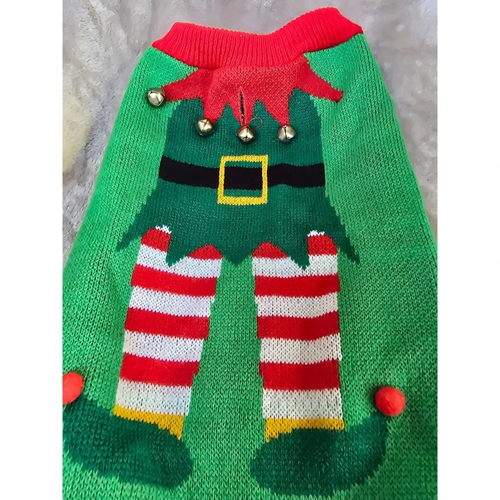 Pet Holiday Collection Elf Dog Sweater Green Red Christmas Jingle Bells Medium